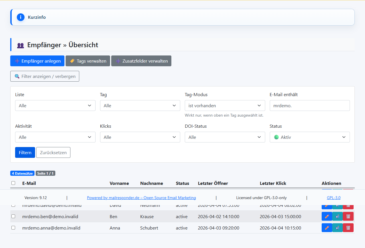 MR Empf&auml;nger&uuml;bersicht mit gefilterten Demo-Eintr&auml;gen